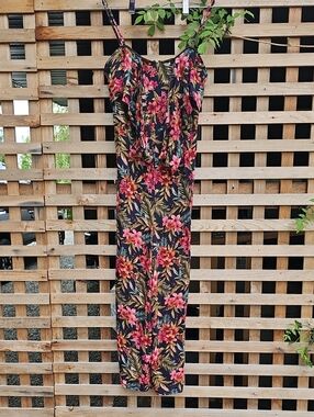 American Eagle Outfitters Black Floral Jumpsuit with Pink & Gold Accents
